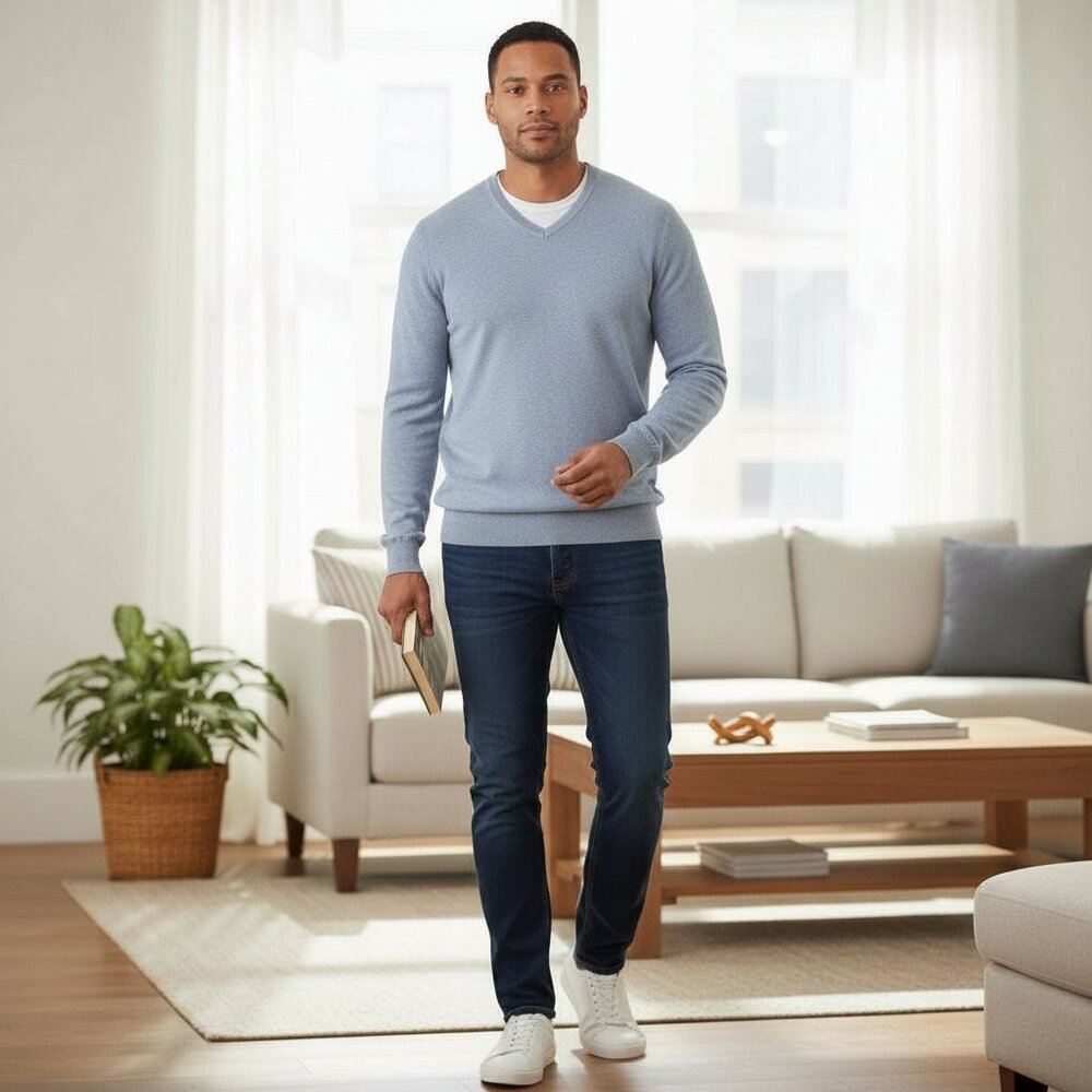 Old Navy Men's V-Neck Long Sleeve Lightweight Light Blue-Gray Pullover Sweater